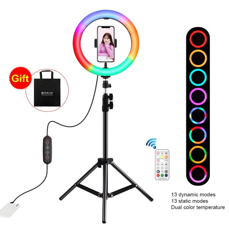 PULUZ 10.2 inch 26cm Marquee LED RGBWW Selfie Beauty Light  + 1.1m Tripod Mount 168 LED Dual-color Temperature Dimmable Ring Vlogging Photography Video Lights with Cold Shoe Tripod Ball Head & Remote Control & Phone Clamp My Store