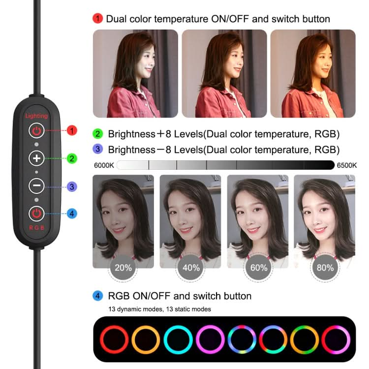 PULUZ 10.2 inch 26cm Marquee LED RGBWW Selfie Beauty Light  + 1.1m Tripod Mount 168 LED Dual-color Temperature Dimmable Ring Vlogging Photography Video Lights with Cold Shoe Tripod Ball Head & Remote Control & Phone Clamp My Store