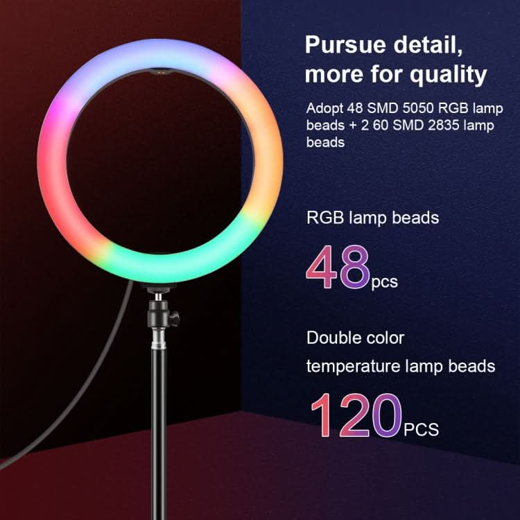 PULUZ 10.2 inch 26cm Marquee LED RGBWW Selfie Beauty Light  + 1.1m Tripod Mount 168 LED Dual-color Temperature Dimmable Ring Vlogging Photography Video Lights with Cold Shoe Tripod Ball Head & Remote Control & Phone Clamp My Store