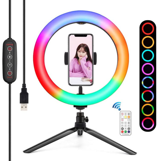 PULUZ 10.2 inch 26cm Marquee LED RGBWW Selfie Beauty Light + Desktop Tripod Mount 168 LED Dual-color Temperature Dimmable Ring Vlogging Photography Video Lights with Cold Shoe Tripod Ball Head & Remote Control & Phone Clamp My Store