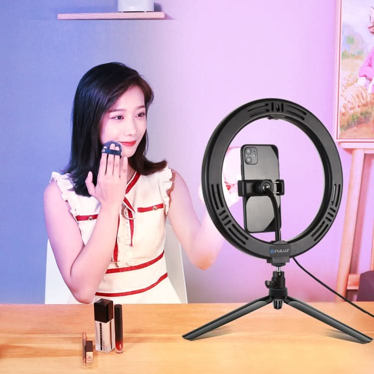 PULUZ 10.2 inch 26cm Marquee LED RGBWW Selfie Beauty Light + Desktop Tripod Mount 168 LED Dual-color Temperature Dimmable Ring Vlogging Photography Video Lights with Cold Shoe Tripod Ball Head & Remote Control & Phone Clamp My Store