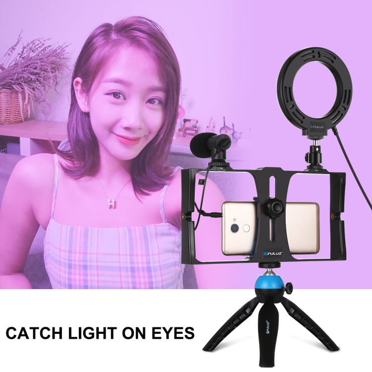 PULUZ 4 in 1 Vlogging Live Broadcast Smartphone Video Rig + 4.7 inch 12cm RGBW Ring LED Selfie Light + Microphone + Pocket Tripod Mount Kits with Cold Shoe Tripod Head My Store