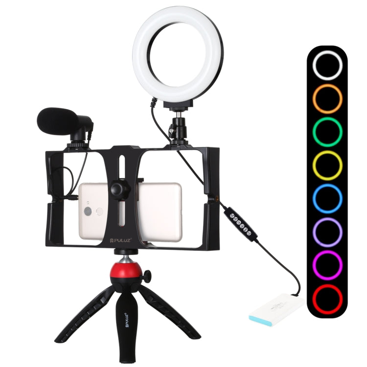 PULUZ 4 in 1 Vlogging Live Broadcast Smartphone Video Rig + 4.7 inch 12cm RGBW Ring LED Selfie Light + Microphone + Pocket Tripod Mount Kits with Cold Shoe Tripod Head My Store