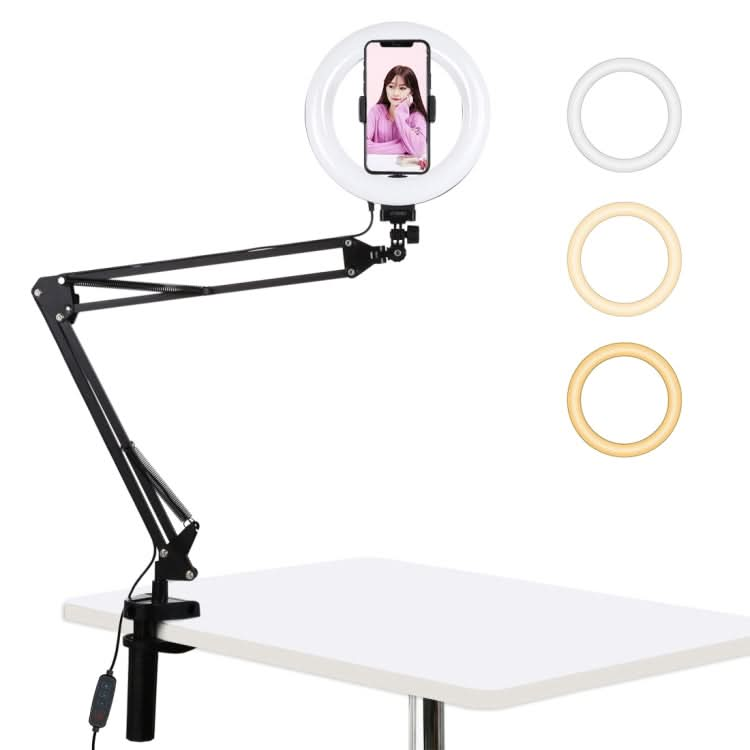 PULUZ 7.9 inch 20cm Ring Curved Light + Desktop Arm Stand USB 3 Modes Dimmable Dual Color Temperature LED Vlogging Selfie Photography Video Lights with Phone Clamp My Store