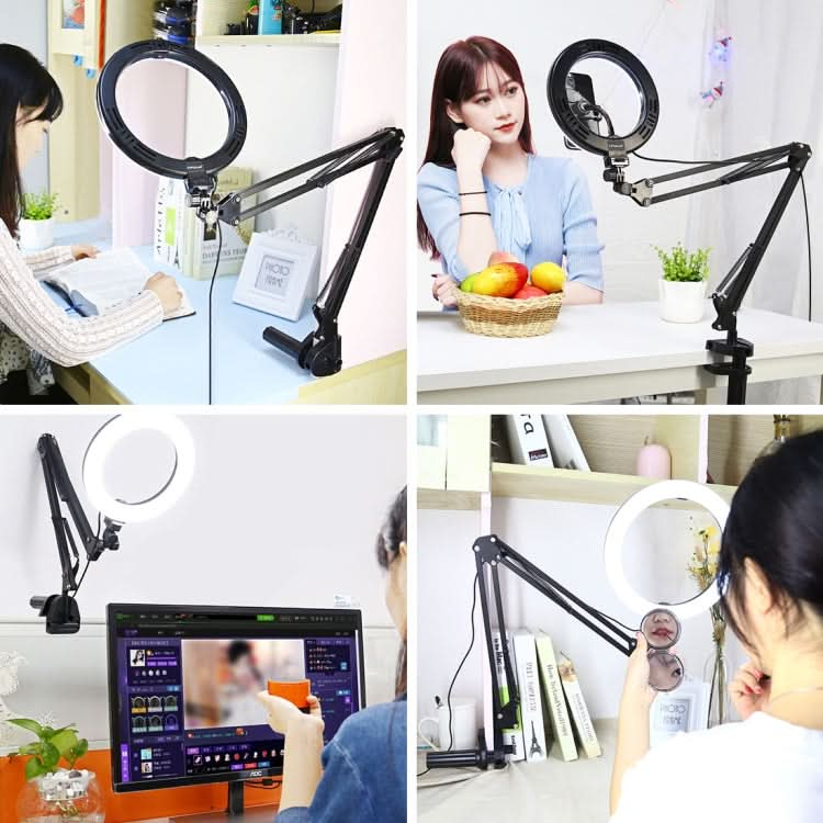 PULUZ 7.9 inch 20cm Ring Curved Light + Desktop Arm Stand USB 3 Modes Dimmable Dual Color Temperature LED Vlogging Selfie Photography Video Lights with Phone Clamp My Store