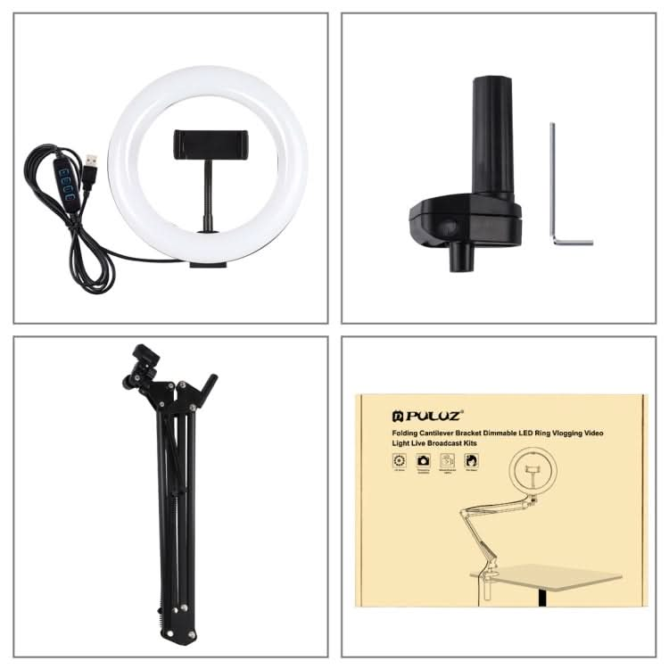 PULUZ 7.9 inch 20cm Ring Curved Light + Desktop Arm Stand USB 3 Modes Dimmable Dual Color Temperature LED Vlogging Selfie Photography Video Lights with Phone Clamp My Store