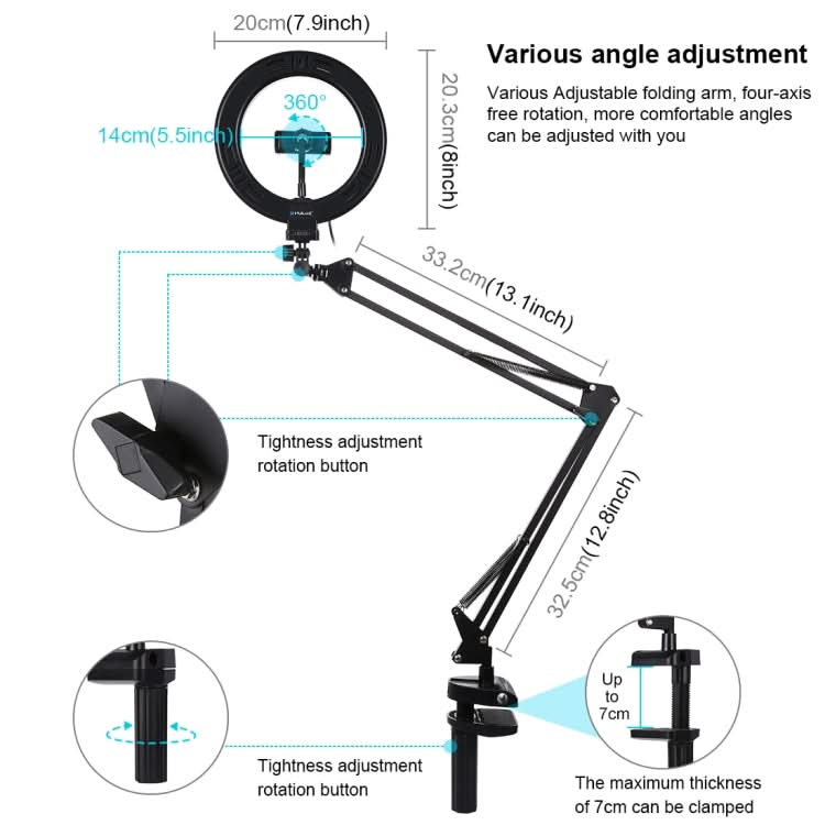 PULUZ 7.9 inch 20cm Ring Curved Light + Desktop Arm Stand USB 3 Modes Dimmable Dual Color Temperature LED Vlogging Selfie Photography Video Lights with Phone Clamp My Store