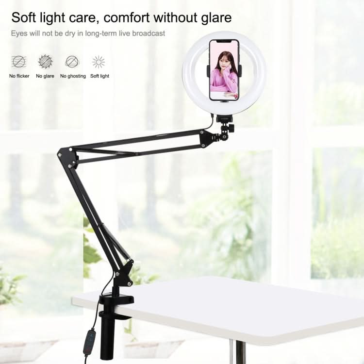 PULUZ 7.9 inch 20cm Ring Curved Light + Desktop Arm Stand USB 3 Modes Dimmable Dual Color Temperature LED Vlogging Selfie Photography Video Lights with Phone Clamp My Store