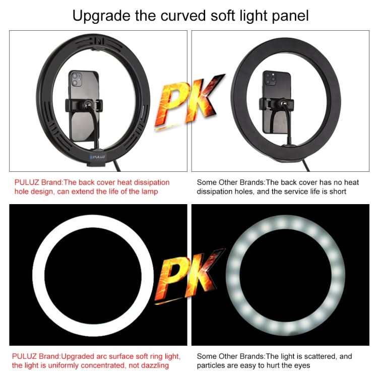 PULUZ 7.9 inch 20cm Ring Curved Light + Desktop Arm Stand USB 3 Modes Dimmable Dual Color Temperature LED Vlogging Selfie Photography Video Lights with Phone Clamp My Store