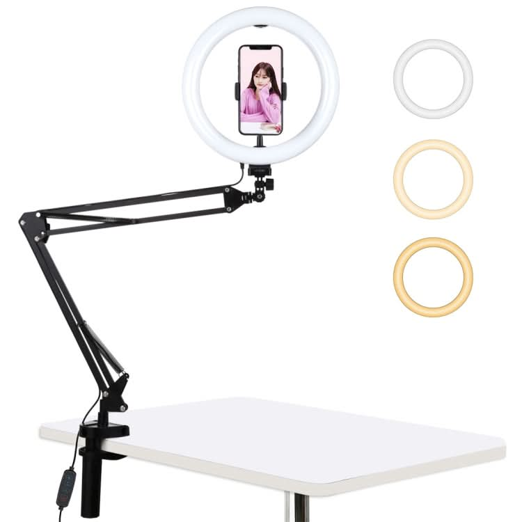 PULUZ 10.2 inch 26cm Ring Curved Light + Desktop Arm Stand USB 3 Modes Dimmable Dual Color Temperature LED Vlogging Selfie Photography Video Lights with Phone Clamp My Store