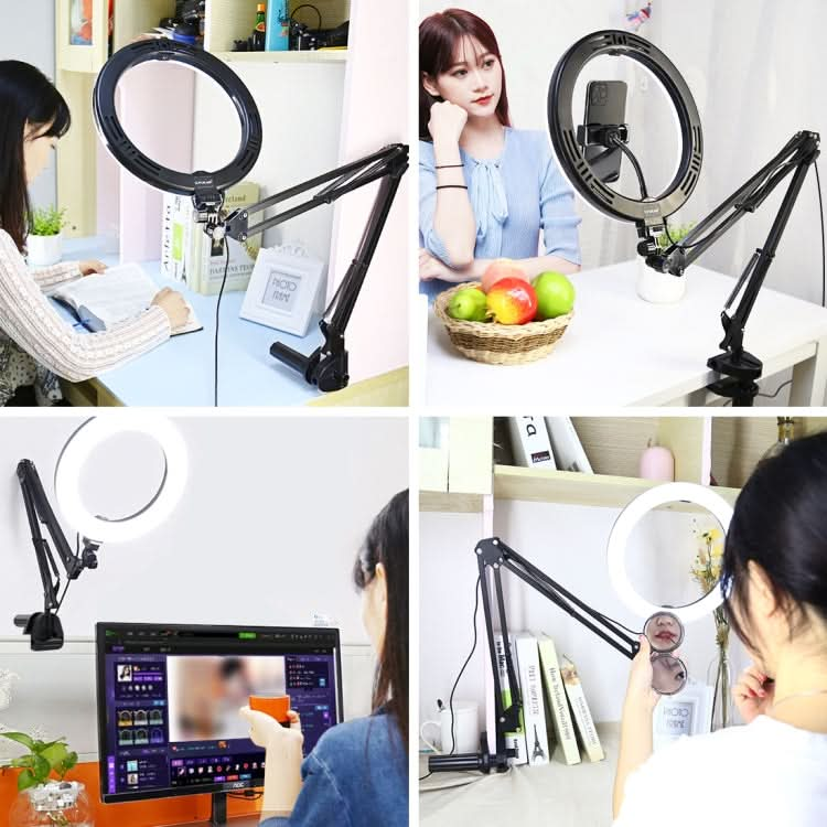 PULUZ 10.2 inch 26cm Ring Curved Light + Desktop Arm Stand USB 3 Modes Dimmable Dual Color Temperature LED Vlogging Selfie Photography Video Lights with Phone Clamp My Store