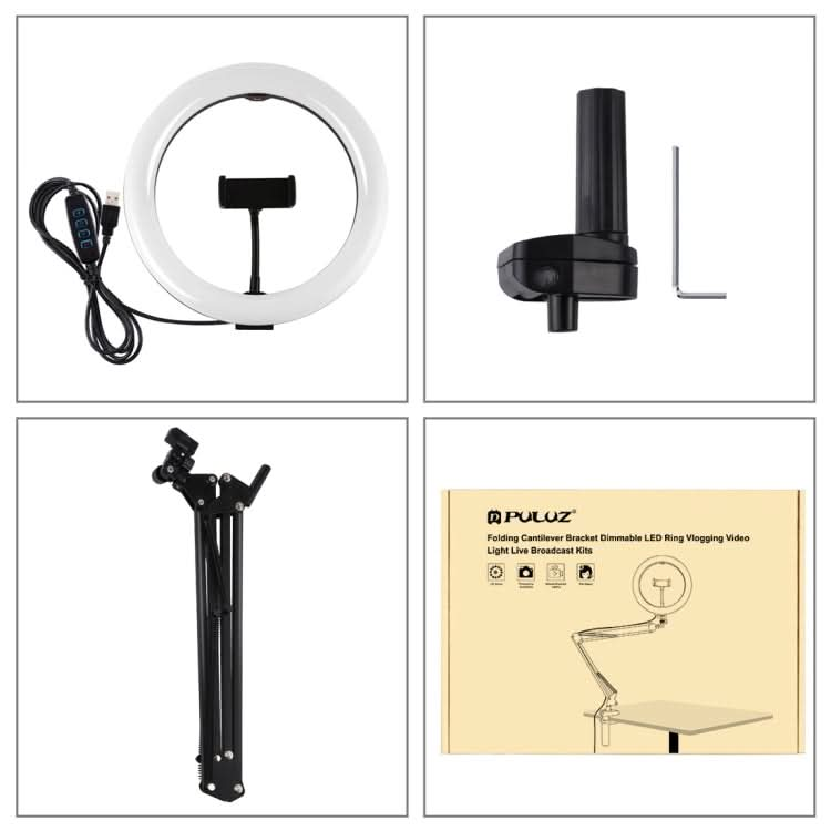 PULUZ 10.2 inch 26cm Ring Curved Light + Desktop Arm Stand USB 3 Modes Dimmable Dual Color Temperature LED Vlogging Selfie Photography Video Lights with Phone Clamp My Store