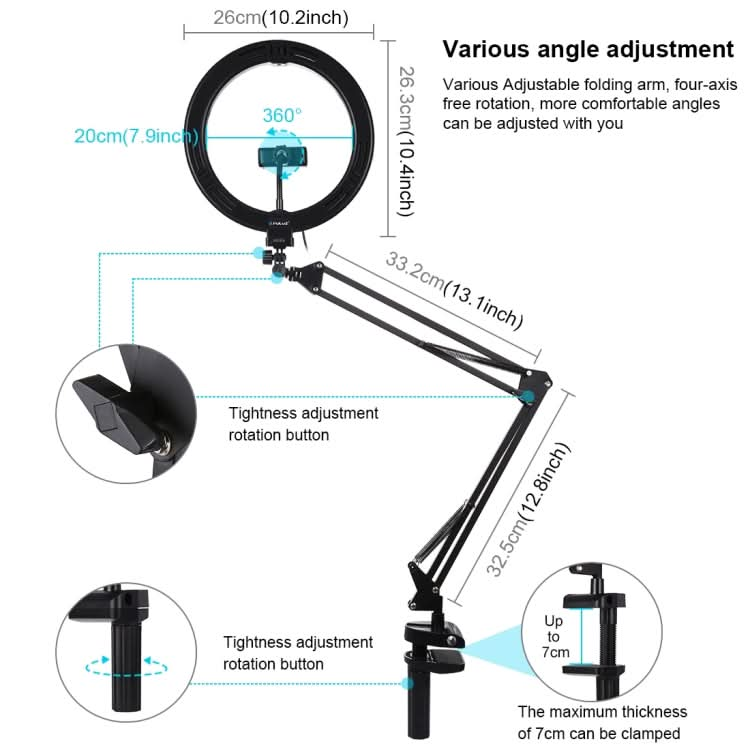 PULUZ 10.2 inch 26cm Ring Curved Light + Desktop Arm Stand USB 3 Modes Dimmable Dual Color Temperature LED Vlogging Selfie Photography Video Lights with Phone Clamp My Store