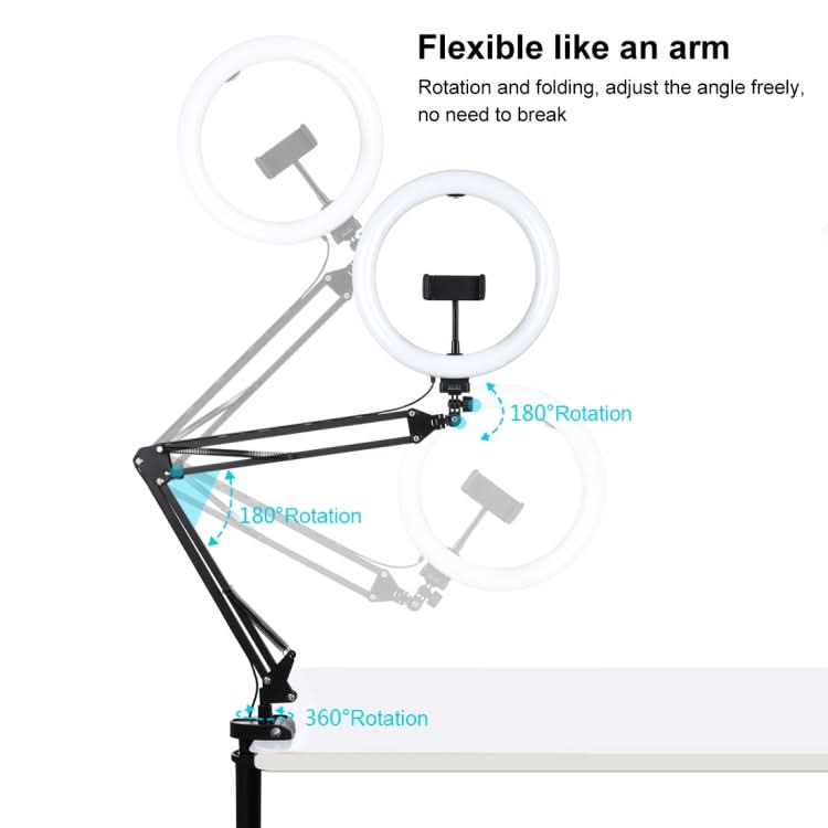 PULUZ 10.2 inch 26cm Ring Curved Light + Desktop Arm Stand USB 3 Modes Dimmable Dual Color Temperature LED Vlogging Selfie Photography Video Lights with Phone Clamp My Store