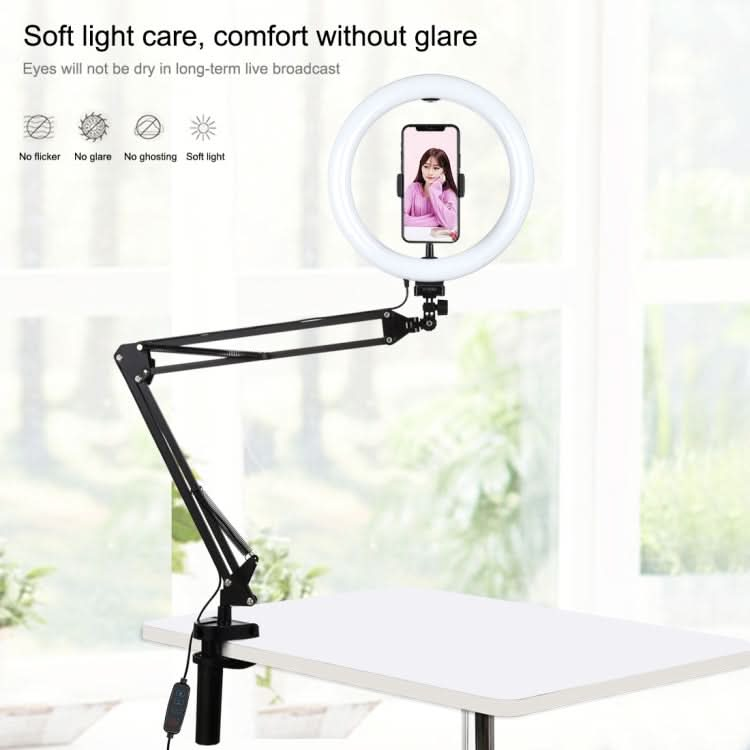 PULUZ 10.2 inch 26cm Ring Curved Light + Desktop Arm Stand USB 3 Modes Dimmable Dual Color Temperature LED Vlogging Selfie Photography Video Lights with Phone Clamp My Store