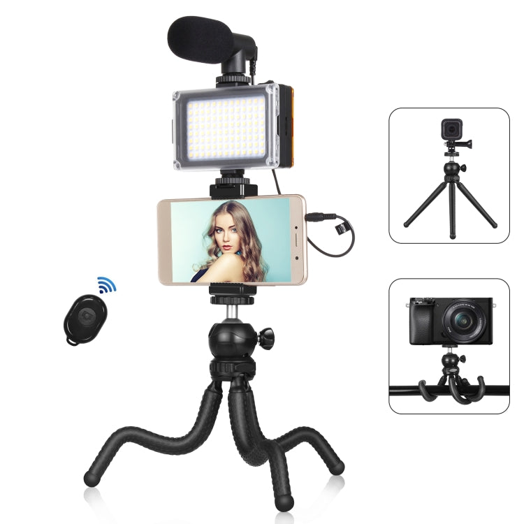 PULUZ  4 in 1 Vlogging Live Mini Octopus Bracket Kit + Studio Light + Microphone + Phone Clamp Kits