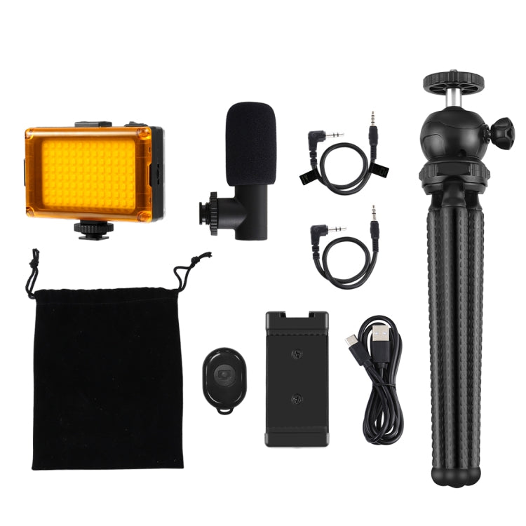 PULUZ  4 in 1 Vlogging Live Mini Octopus Bracket Kit + Studio Light + Microphone + Phone Clamp Kits