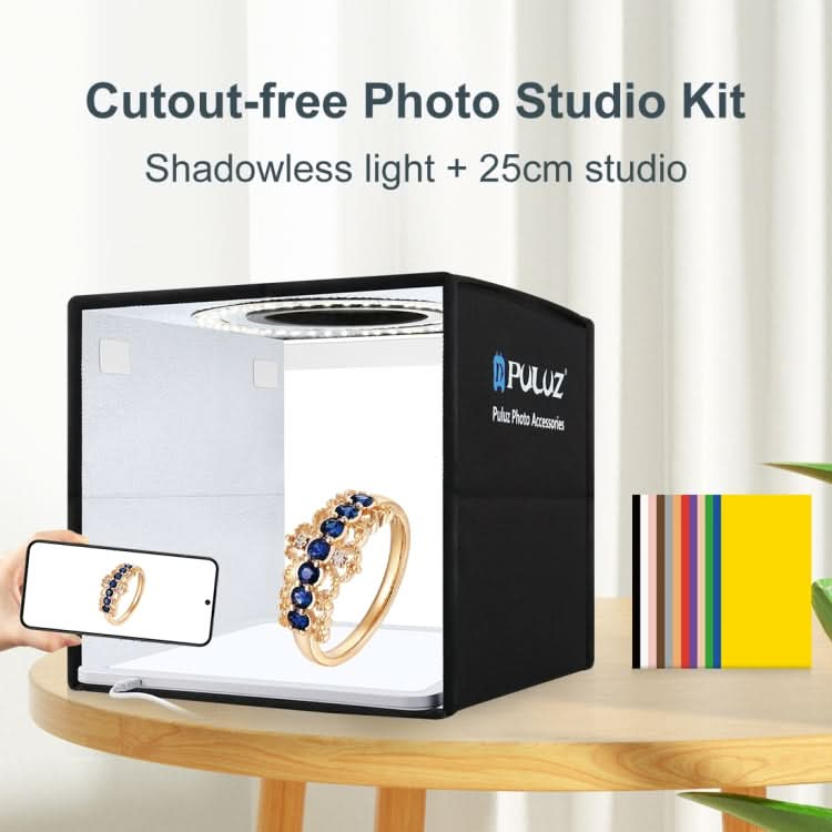 PULUZ 25cm Folding Portable High CRI Ring LED Photo Lighting Studio Tent Box + Shadowless Light Lamp Panel Pad with 12 Colors Backdrops, Size: 25cm x 25cm x 25cm My Store