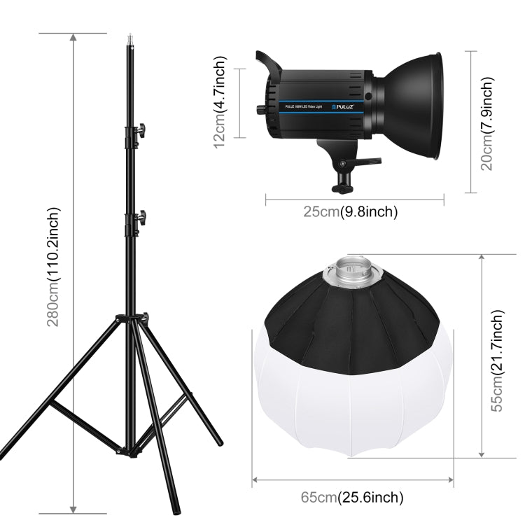 PULUZ 100W 5600K Studio Video Light + 2.8m Light Holder + 65cm Foldable Lantern Softbox Photography Kit