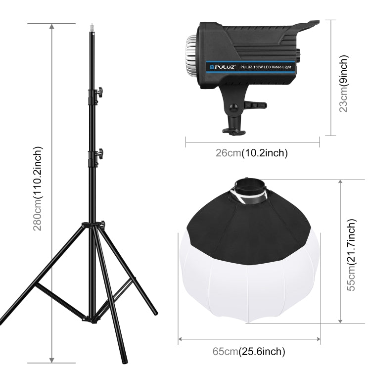 PULUZ 220V 150W 3200K-5600K Studio Video Light + 2.8m Light Holder + 65cm Foldable Lantern Softbox Photography Kit