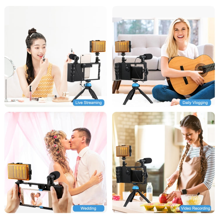 PULUZ 4 in 1 Bluetooth Handheld Vlogging Live Broadcast LED Selfie Light Smartphone Video Rig Kits with Microphone + Tripod Mount + Cold Shoe Tripod Head for iPhone, Galaxy, Huawei, Xiaomi, HTC, LG, Google, and Other Smartphones