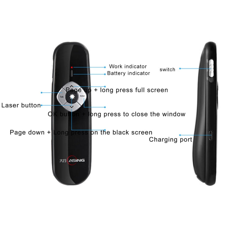 ASiNG A800 USB Charging 2.4GHz Wireless Presenter PowerPoint Clicker Representation Remote Control Pointer, Control Distance: 100m My Store