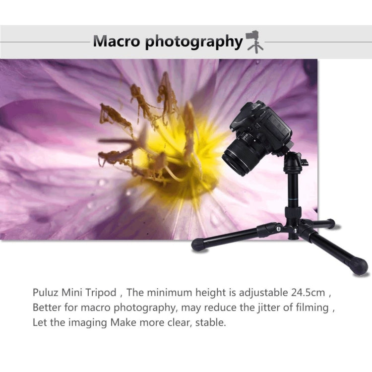 PULUZ Pocket Mini Microspur Photos Stativhalterung aus Magnesiumlegierung mit 360-Grad-Kugelkopf für DSLR- und Digitalkameras, einstellbare Höhe: 24,5 – 57 cm, maximale Tragkraft: 3 kg