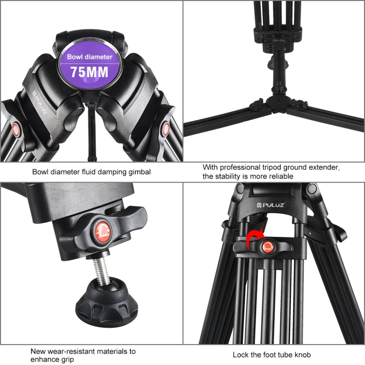 PULUZ 3 in 1 (Tripod + Bowl Adapter + Fluid Drag Head) Heavy Duty Video Camcorder Aluminum Alloy Tripod Mount Kit for DSLR / SLR Camera, Adjustable Height: 62-152cm