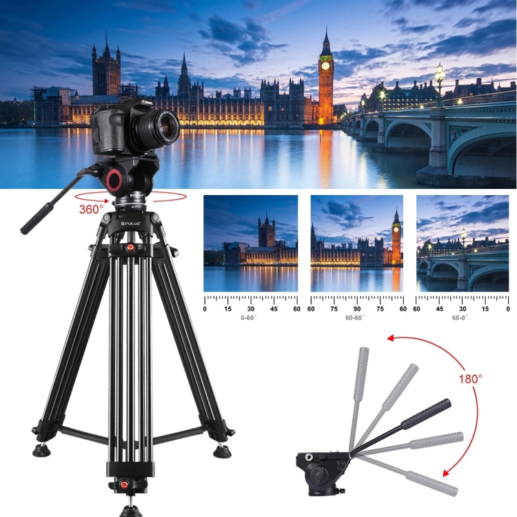 PULUZ 3 in 1 (Tripod + Bowl Adapter + Fluid Drag Head) Heavy Duty Video Camcorder Aluminum Alloy Tripod Mount Kit for DSLR / SLR Camera, Adjustable Height: 62-152cm