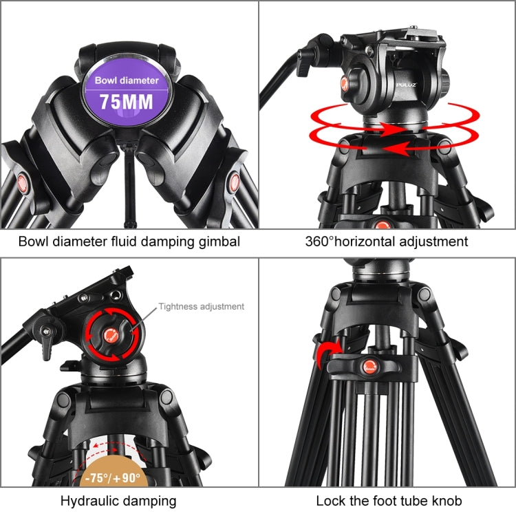 PULUZ Professional Heavy Duty Video Camcorder Aluminum Alloy Tripod with Fluid Drag Head for DSLR / SLR Camera, Adjustable Height: 80-160cm