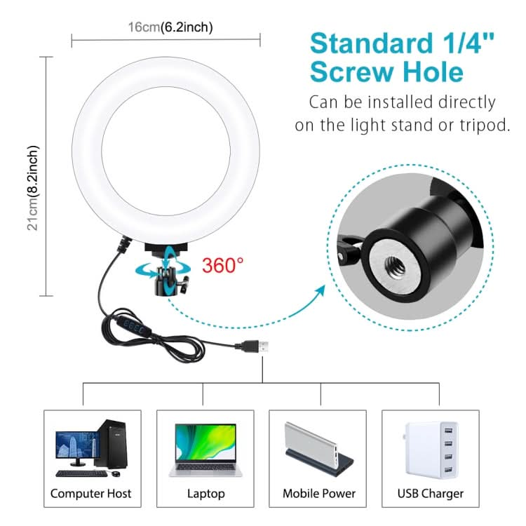 PULUZ 6.2 inch 16cm USB 3 Modes Dimmable LED Ring Vlogging Photography Video Lights with Tripod Ball Head My Store