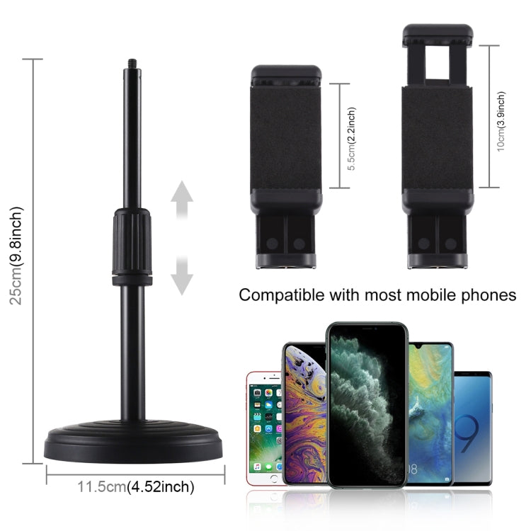 PULUZ Round Base Desktop Holder Mount with Phone Clamp, Adjustable Height: 15.5cm-25.5cm