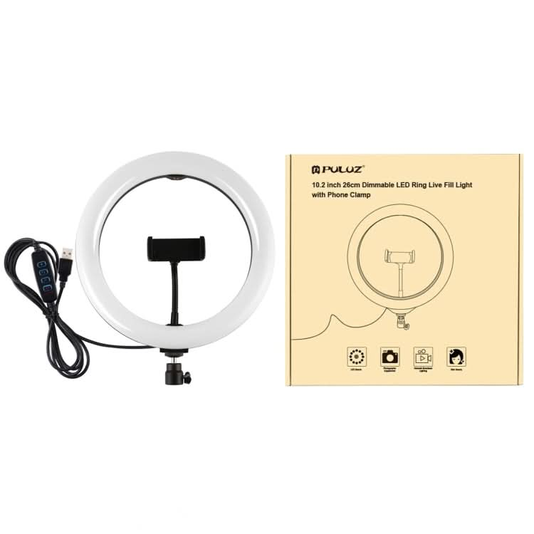 PULUZ 10.2 inch 26cm USB 3 Modes Dimmable LED Ring Vlogging Selfie Beauty Photography Video Lights with Tripod Ball Head & Phone Clamp My Store