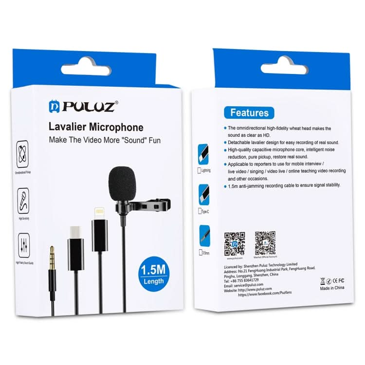 PULUZ 1.5m 3.5mm Jack Lavalier Wired Condenser Recording Microphone My Store