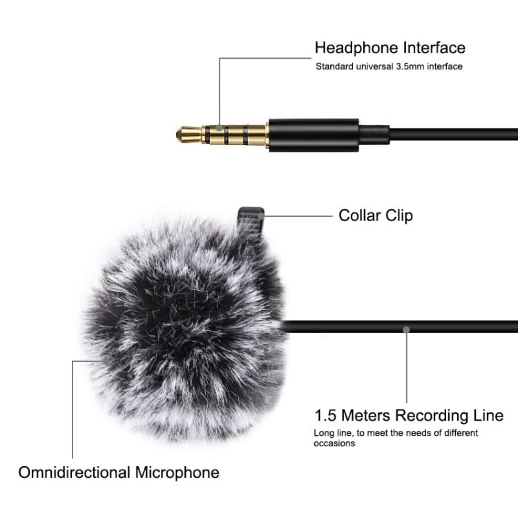 PULUZ 1.5m 3.5mm Jack Lavalier Wired Condenser Recording Microphone My Store