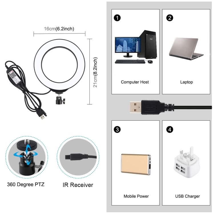 PULUZ 6.2 inch 16cm USB RGBW Dimmable LED Ring Vlogging Photography Video Lights  with Cold Shoe Tripod Ball Head & Remote Control My Store