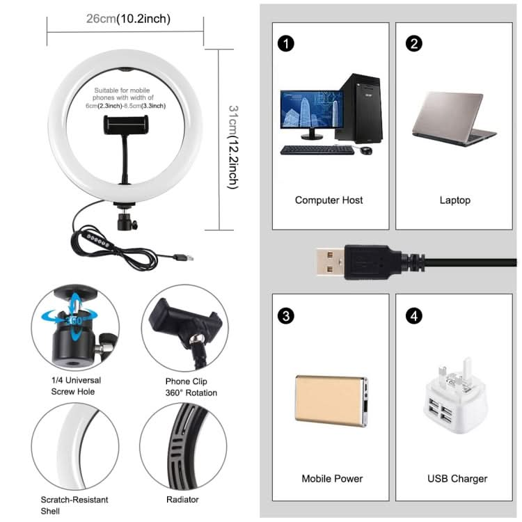 PULUZ 10.2 inch 26cm USB 10 Modes 8 Colors RGBW Dimmable LED Ring Vlogging Photography Video Lights with Cold Shoe Tripod Ball Head & Phone Clamp My Store