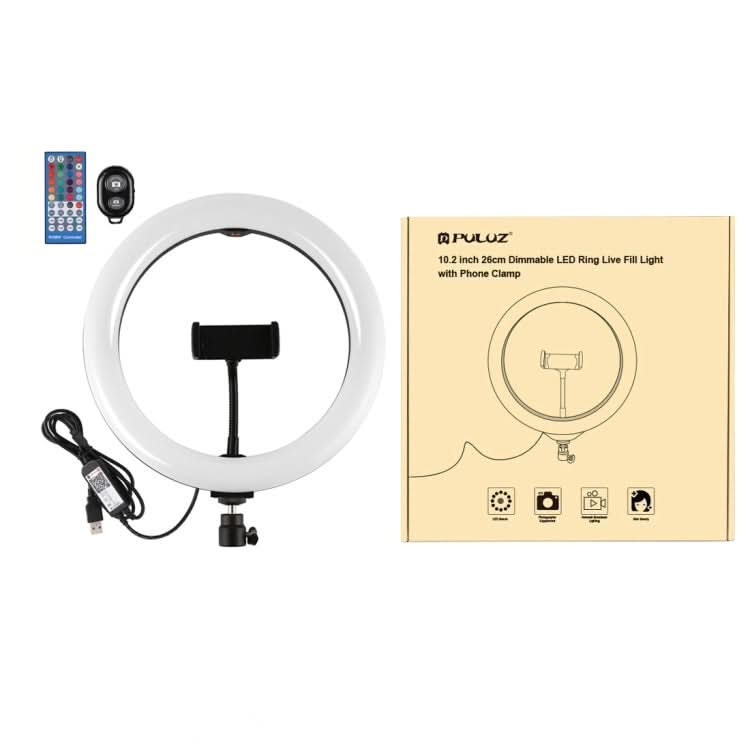 PULUZ 10.2 inch 26cm Curved Surface USB RGBW Dimmable LED Ring Vlogging Photography Video Lights with Tripod Ball Head & Remote Control & Phone Clamp My Store