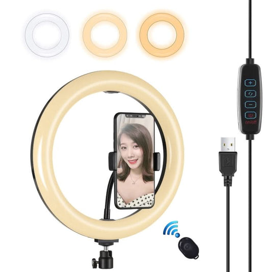 PULUZ 10.2 inch 26cm USB 3 Modes Dimmable Dual Color Temperature LED Curved Diffuse Light Ring Vlogging Selfie Photography Video Lights with Phone Clamp My Store