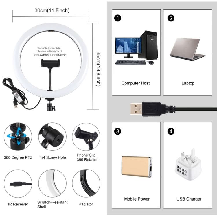 PULUZ 11.8 inch 30cm RGB Dimmable LED Dual Color Temperature LED Curved Diffuse Light Ring Vlogging Selfie Photography Video Lights with  Tripod Ball Head & Phone Clamp & Remote Control My Store