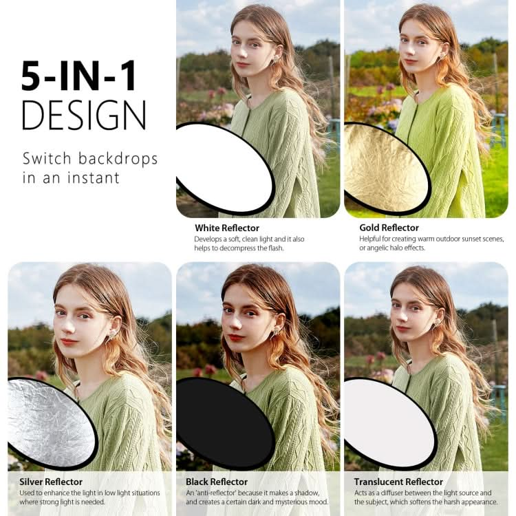 PULUZ 110cm 5 in 1 (Silver / Translucent / Gold / White / Black) Folding Photo Studio Reflector Board My Store