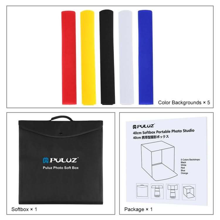 PULUZ 40cm Photo Softbox Portable Folding Studio Shooting Tent Box Kits with 5 Colors Backdrops (Red, Yellow, Blue, White, Black), Size: 40cm x 40cm x 40cm My Store