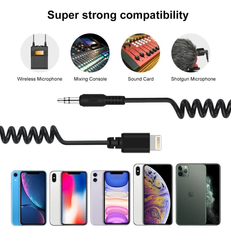 PULUZ 3.5mm TRRS Male to 8 Pin Male Live Microphone Audio Adapter Spring Coiled Cable for iPhone, Cable Stretching to 100cm My Store