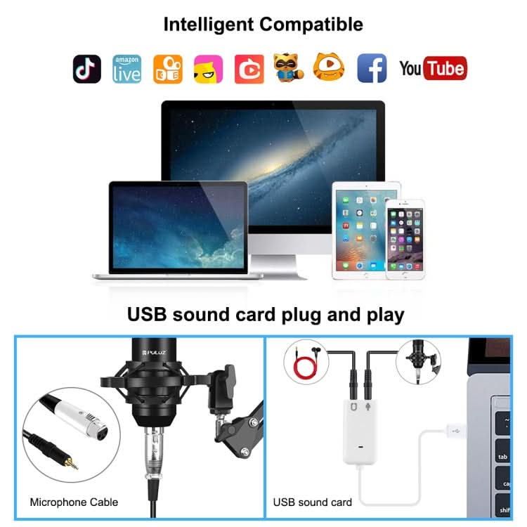 PULUZ Studio Broadcast Professional Singing Microphone Kits with Suspension Scissor Arm & Metal Shock Mount & USB Sound Card My Store