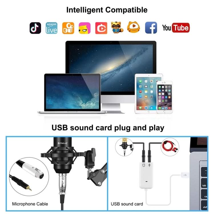 PULUZ Condenser Microphone Studio Broadcast Professional Singing Microphone Kits with Suspension Scissor Arm & Metal Shock Mount & USB Sound Card, Power By 48V My Store