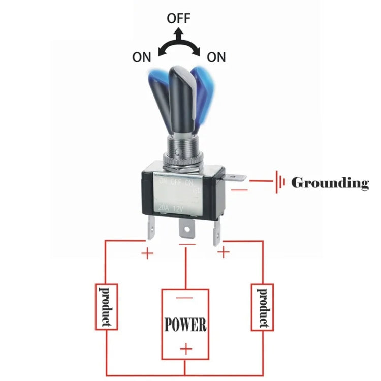 Three-pole ON-OFF-ON Toggle Switch with Blue Light, DC 12V 20A