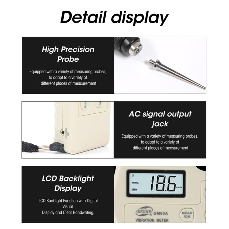 BENETECH GM63A Vibration Meter Digital Tester Vibrometer Analyzer Acceleration Velocity