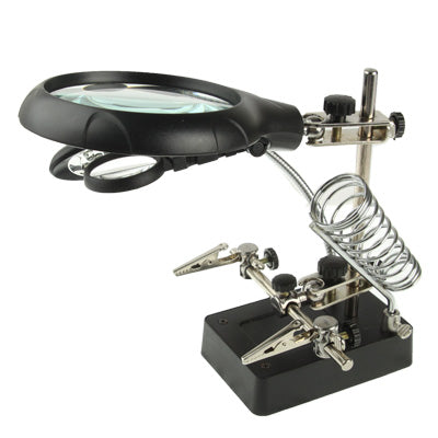 5 LED Auxiliary Clip Magnifier AC/DC Interchangeable with Soldering Stand & Two Magnifier, EU Plug