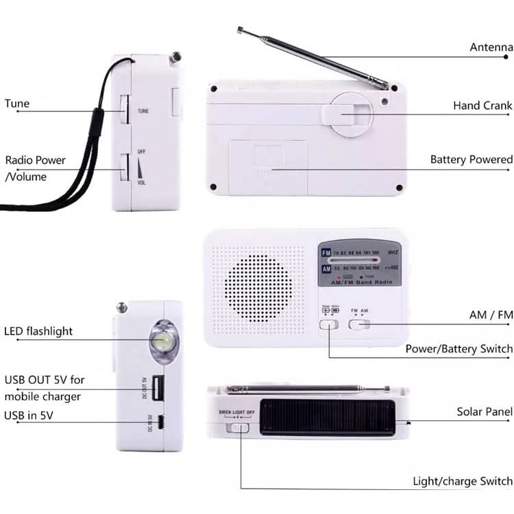 Multi-function Portable Solar / Cranked Dynamo Power LED Flashlight with AM/FM Radio & Mobile Phone Charger My Store