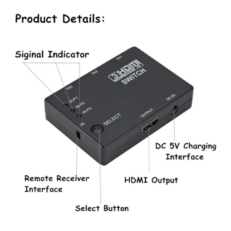 Full HD 1080P 3D HDMI 3x1 Switch with IR Remote Control